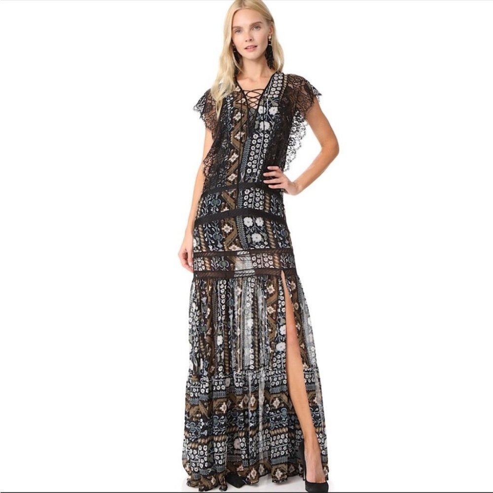 Veronica Beard Maxi Dress Boho Tiered Elly Black Lace Printed Sz 2